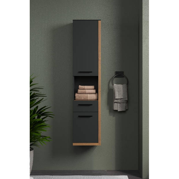 Synnax kolomkast wandmontage, 1 groot deur, 1 klein deur, 1 lade, 1 plank grijs,eik decor.