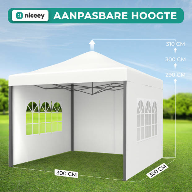 Niceey Partytent - 3x3m - Paviljoen - Opvouwbaar en Waterdicht - Easy Up - Draagtas met Wielen - Wit