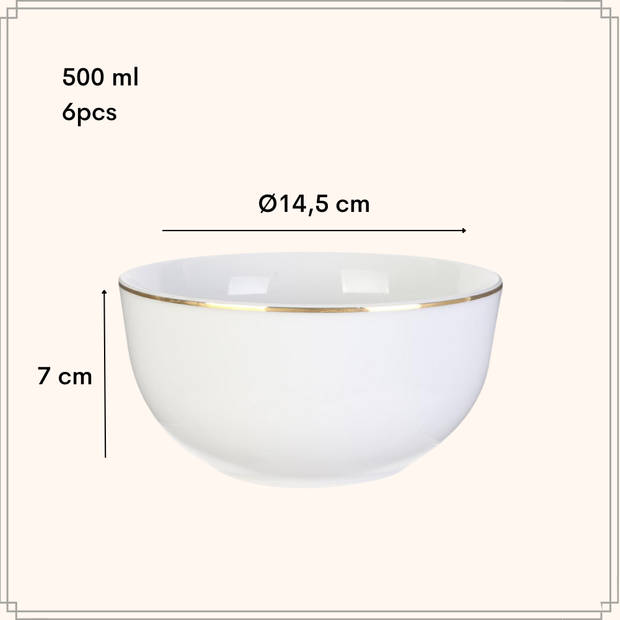 OTIX Soepkommen - 6 stuks - 500 ml - Soeptassen - Wit met Gouden rand - Porselein - Crocus