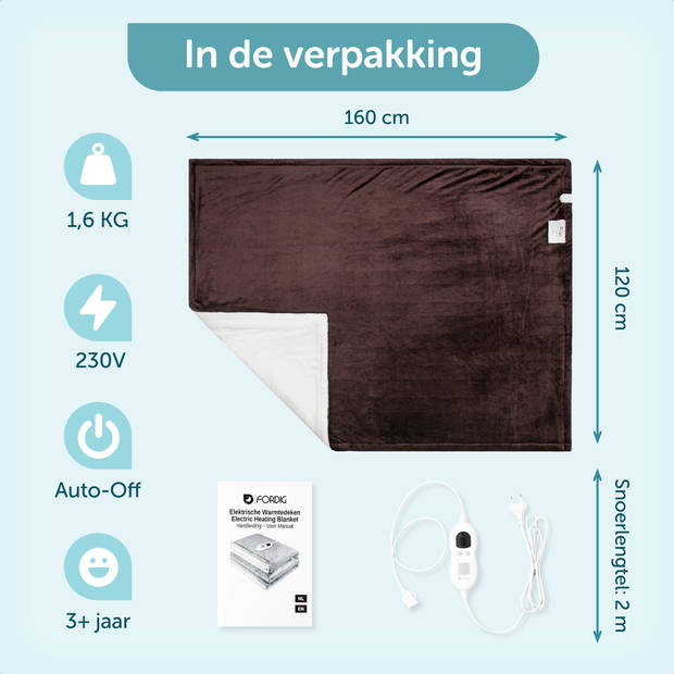 ForDig Elektrische Bovendeken 160x120 cm - Warmtedeken Inclusief Draagtas - Knuffeldeken met 6 Warmtestanden en Timer -