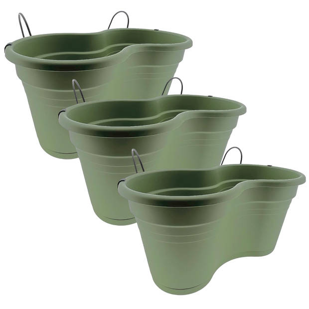 Dubbele Balkon bloembak Hangbak Compleet Relingbloembak - Oudgroen - 37 x 20 x 17 cm - 3 Stuks