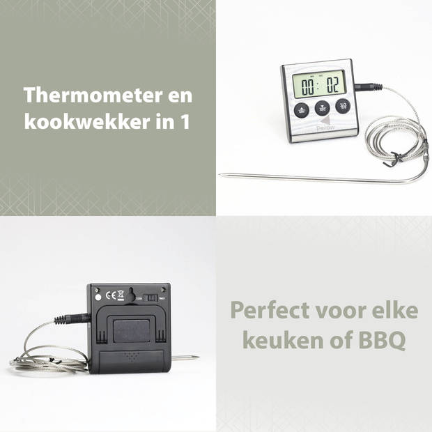 Perow - BBQ Thermometer en Wekker - RVS – Zilver – Suikerthermometer – Voedselthermometer