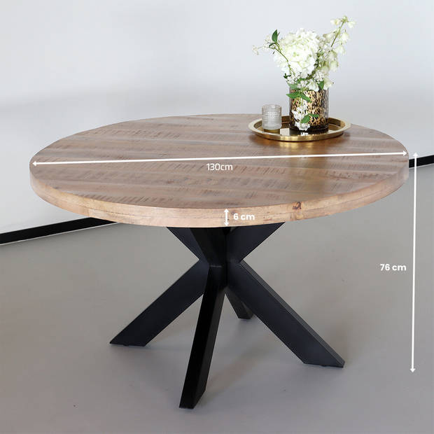 Eettafel rond mangohout 130cm Jones lichtbruin ronde industriële tafel duurzaam mango eetkamertafel