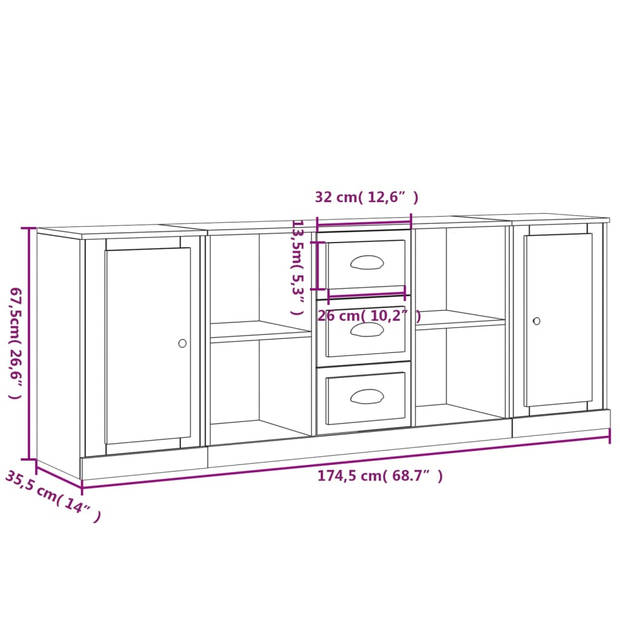 vidaXL Dressoirs 3 st bewerkt hout hoogglans wit