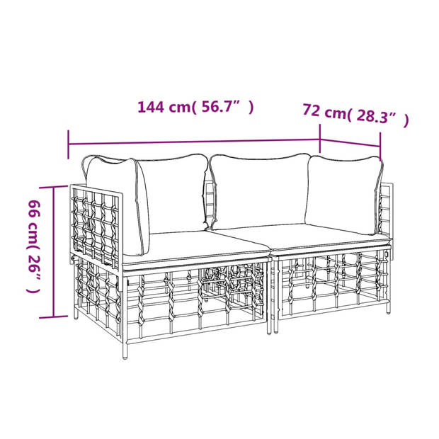 The Living Store Hoekbank Poly Rattan - 72x72x66 cm - Antraciet - Incl - Kussens - Modulair ontwerp