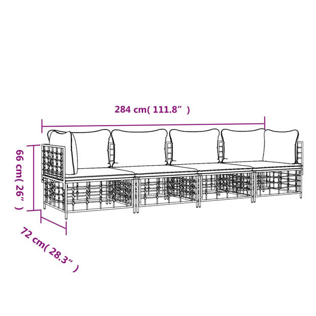 The Living Store Loungeset Poly Rattan - Antraciet - Hoekbank- 72 x 72 x 66 cm - Middenbank- 72 x 70 x 66 cm -