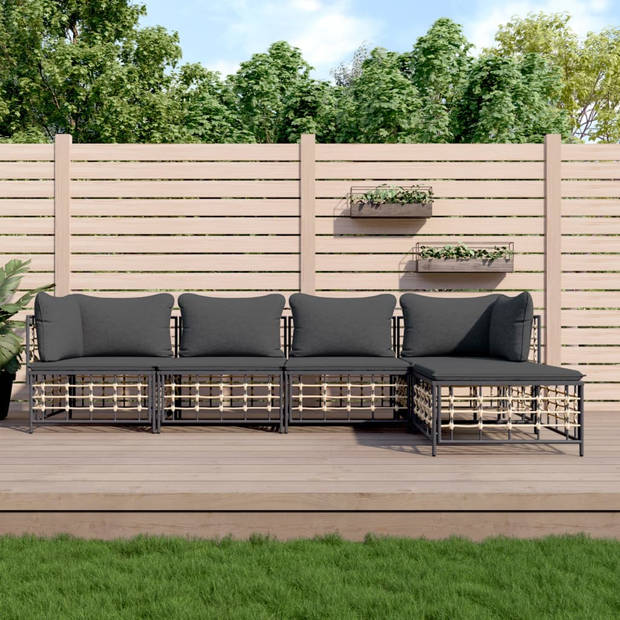 vidaXL 5-delige Loungeset met kussens poly rattan antracietkleurig