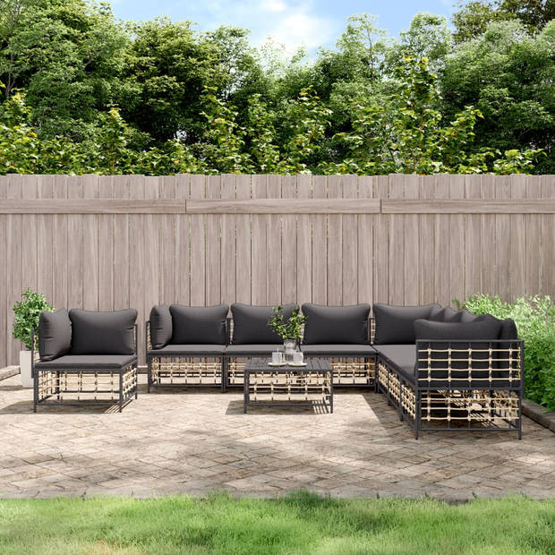 vidaXL 9-delige Loungeset met kussens poly rattan antracietkleurig