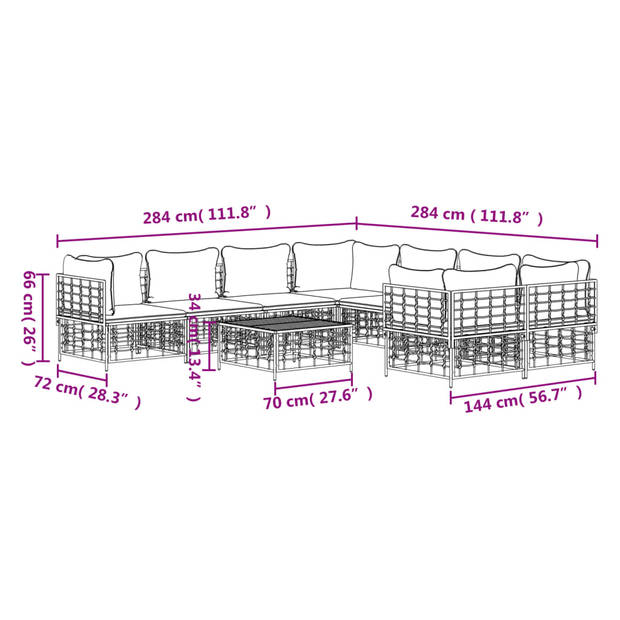 The Living Store Loungeset - Hoekbank - Antraciet - 72x72x66 cm - Weerbestendig - Stalen frame - Comfortabele