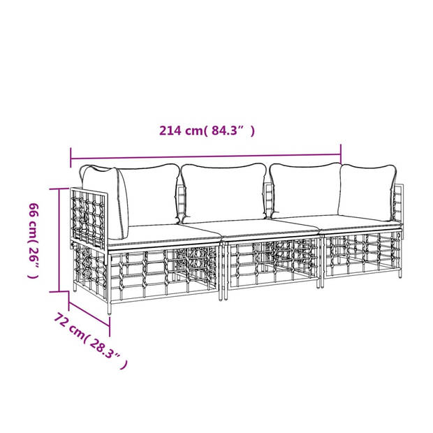 The Living Store Loungeset - Antraciet - Poly rattan - 72 x 72 x 66 cm - Inclusief kussens - 2 hoekbanken - 1