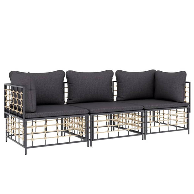 vidaXL 3-delige Loungeset met kussens poly rattan antracietkleurig