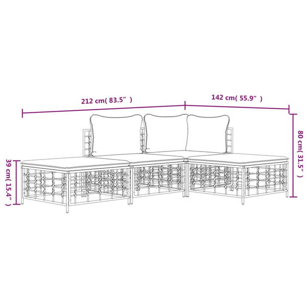 vidaXL 4-delige Loungeset met kussens poly rattan antracietkleurig