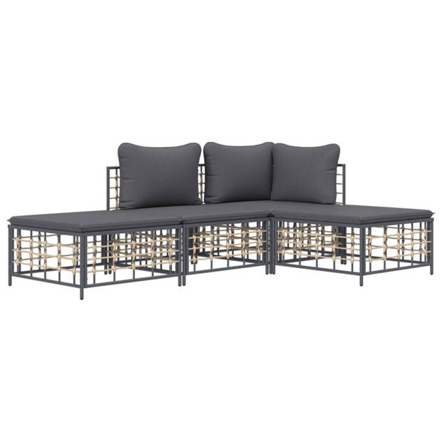 vidaXL 4-delige Loungeset met kussens poly rattan antracietkleurig