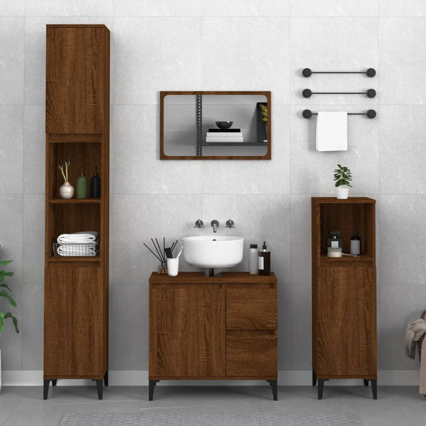 The Living Store Badkaast Bruineiken - 30 x 30 x 190 cm - Duurzaam bewerkt hout - Voldoende opbergruimte - Metalen