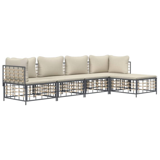 vidaXL 5-delige Loungeset met kussens poly rattan antracietkleurig