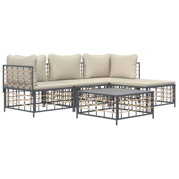 The Living Store Loungeset Antraciet - Poly Rattan - Hoekbank 72x72x66 cm - Met kussens