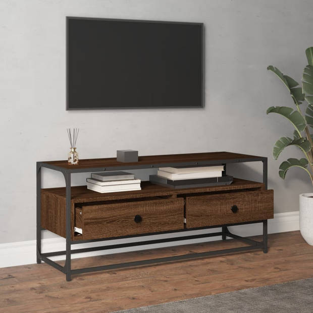 The Living Store TV-meubel Bruineiken - 100 x 35 x 45 cm - Duurzaam hout - 2 lades - Stevig blad - Metalen voeten