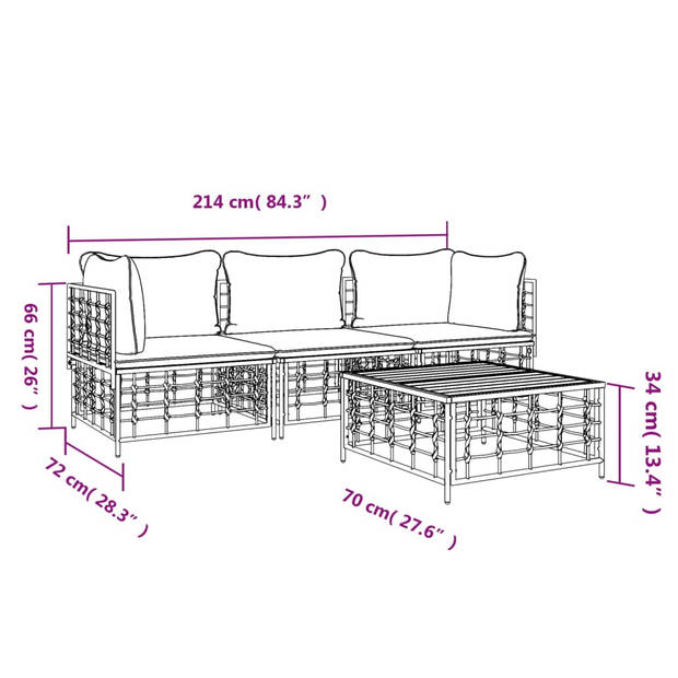 vidaXL 4-delige Loungeset met kussens poly rattan antracietkleurig