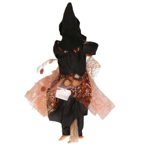 Halloween decoratie heksen pop op bezem - 30 cm - zwart/bruin - Halloween poppen