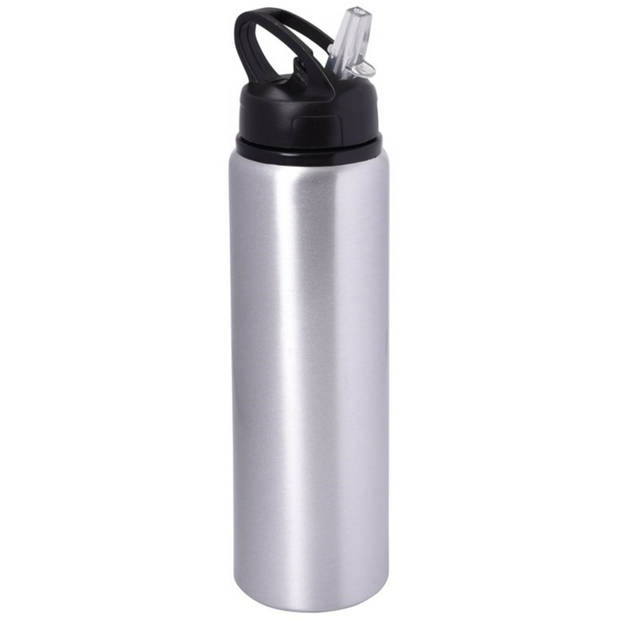 Waterfles/sportfles/drinkfles Sporty - 2x - zilver - aluminium/kunststof - 800 ml - Drinkflessen