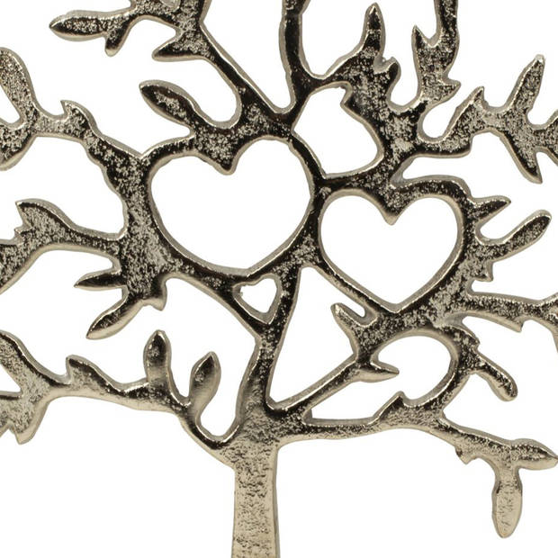 Decoratie levensboom - Tree of Life - aluminium/hout - 23 x 26 cm - zilver kleurig - Beeldjes