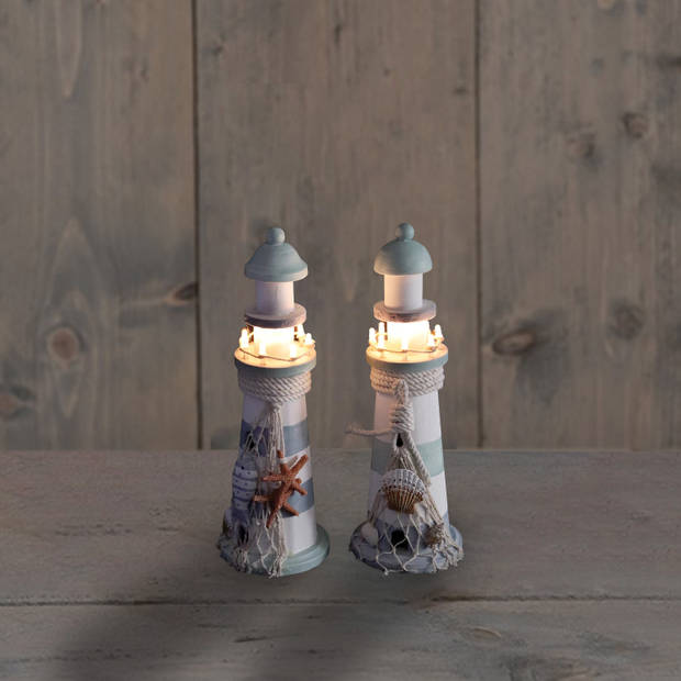 Vuurtoren beeldje met LED licht - Hout - 10 x 30 cm - wit/blauw - Maritieme woon decoraties - Beeldjes