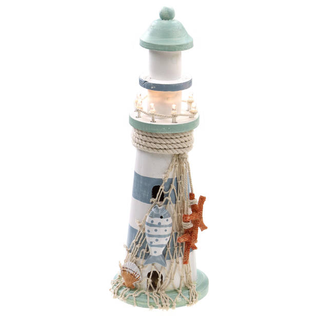 Vuurtoren beeldje met LED licht - Hout - 10 x 30 cm - wit/blauw - Maritieme woon decoraties - Beeldjes