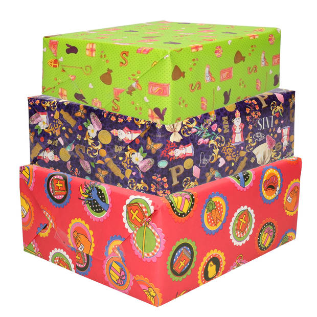 Setje van 6x rollen Sinterklaas inpakpapier/cadeaupapier 2,5 x 0,7 meter 3 soorten prints - Cadeaupapier