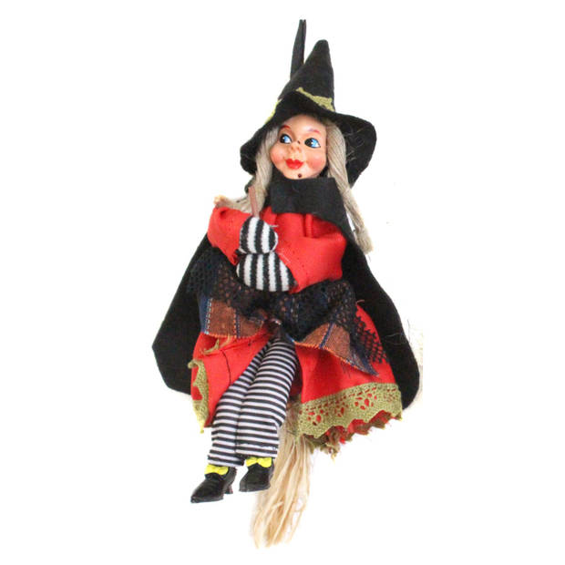 Halloween decoratie heksen pop op bezem - 20 cm - zwart/rood - Halloween poppen