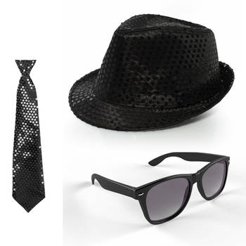 Carnaval verkleed set glitter hoed/stropdas/party bril zwart - Verkleedhoofddeksels