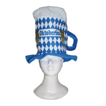 Blauwe/witte ruitjes bierfeest/oktoberfest hoed bierglas verkleed accessoire voor dames/heren - Verkleedhoofddeksels