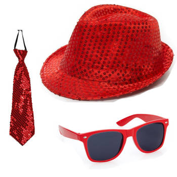 Carnaval verkleed set glitter hoed bril en stropdas rood - Verkleedhoofddeksels