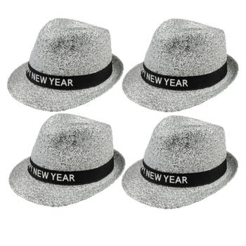 4x stuks happy New Year thema glitters verkleed hoedje zilver - Verkleedhoofddeksels