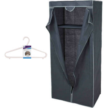 Mobiele opvouwbare kledingkast grijs 75 x 160 cm met 12x kledinghangers wit - Campingkledingkasten