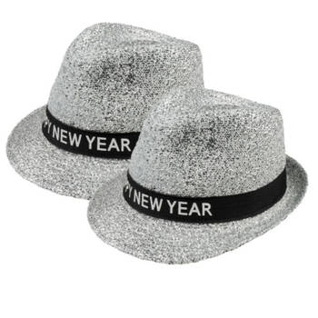 2x stuks happy New Year thema glitters verkleed hoedje zilver - Verkleedhoofddeksels