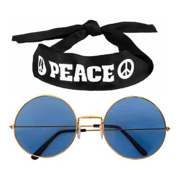 Hippie Flower Power verkleedset hoofdband met ronde glazen bril blauw - Verkleedhoofddeksels