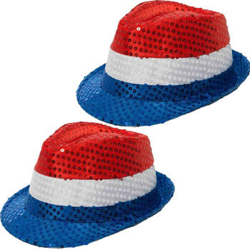 2x Stuks Nederlandse vlag gleufhoeden/hoedjes met pailletten - rood/wit/blauw - Verkleedhoofddeksels