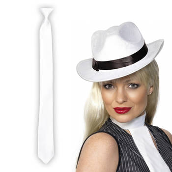 Carnaval verkleed Gangster/maffia set witte hoed met stropdas wit - Verkleedhoofddeksels