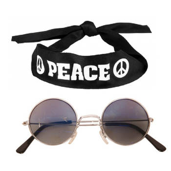 Hippie Flower Power verkleedset hoofdband met ronde glazen bril antraciet - Verkleedhoofddeksels