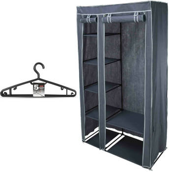 Mobiele kledingkast/garderobekast incl 10x hangers - opvouwbaar - grijs - 174 cm - Campingkledingkasten