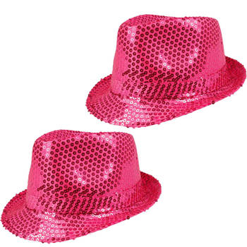 2x Stuks Trilby hoeden met pailletten - roze - glitter - Verkleedhoofddeksels