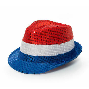 Nederlandse vlag gleufhoed/hoedje met pailletten - rood/wit/blauw - Verkleedhoofddeksels