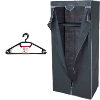 Mobiele opvouwbare kledingkast grijs 75 x 160 cm met 10x kledinghangers zwart - Campingkledingkasten