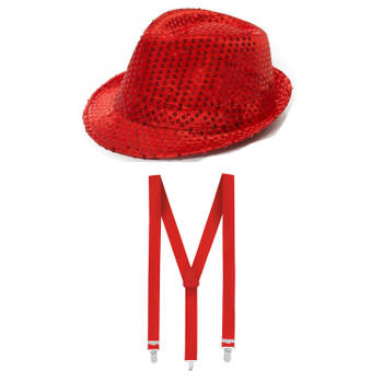 Carnaval verkleed set glitter hoed en bretels rood - Verkleedhoofddeksels