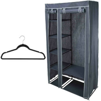 Mobiele kledingkast/garderobekast incl 8x hangers - opvouwbaar - grijs - 174 cm - Campingkledingkasten