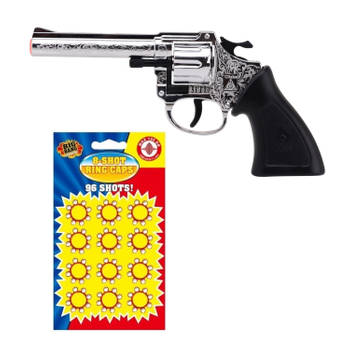 Cowboy verkleed speelgoed revolver/pistool kunststof 8 schots met plaffertjes - Verkleedattributen