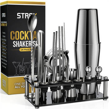 Strex Cocktail Set Zilver RVS 21 Delig (750ml) - Incl. NL Receptenboek - Cocktail Shaker - Cadeauverpakking