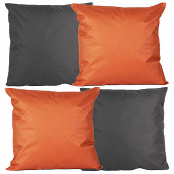 Bank/Tuin kussens set - voor binnen/buiten - 4x stuks - oranje/antraciet grijs - 45 x 45 cm - Sierkussens