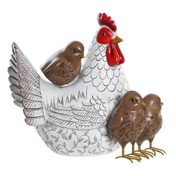 Items Home decoratie dieren/vogel beeldje - Kip met kuikens - 25 x 22 cm - binnen/buiten - wit/bruin - Beeldjes