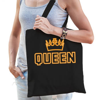 Koningsdag shopper - queen - zwart - 42 x 38 cm - katoen - Feest Boodschappentassen